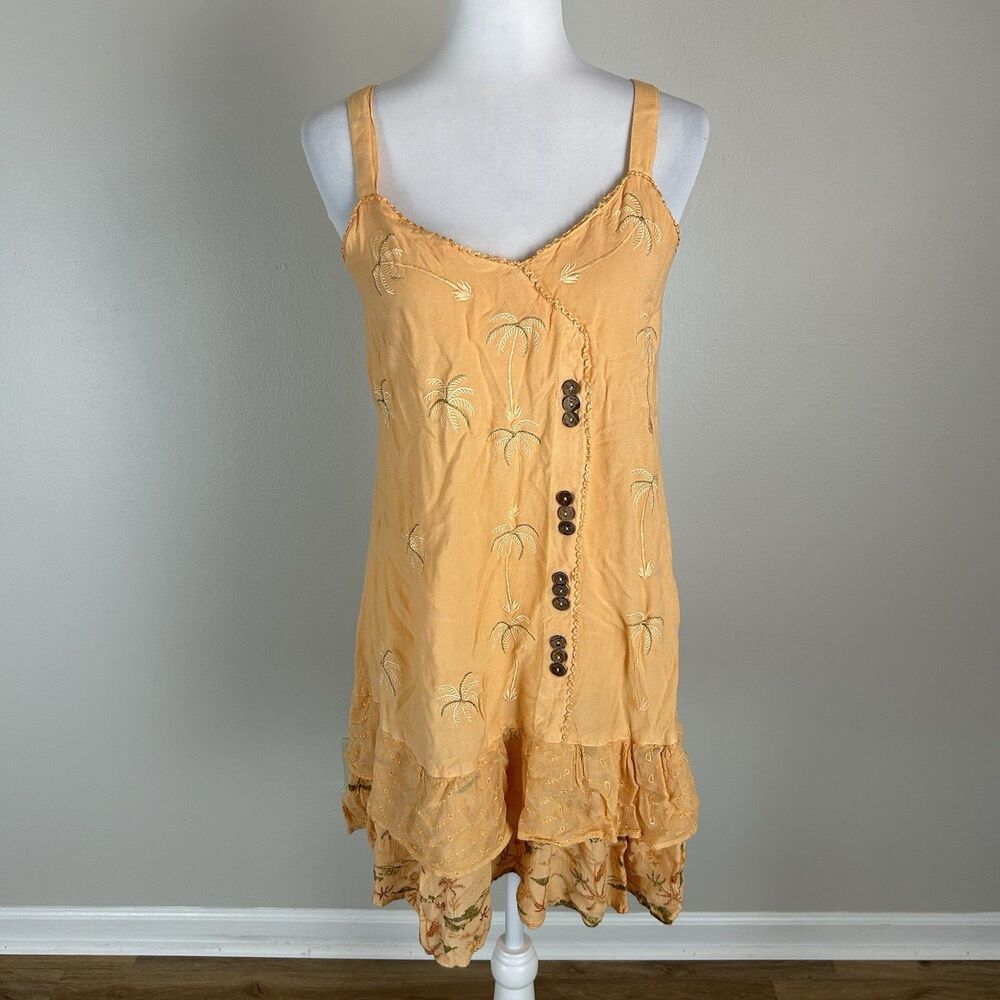 Raya Sun S Orange Mini Dress Ruffle Palm Tree Floral Hawaii Tropical Beach Vaca